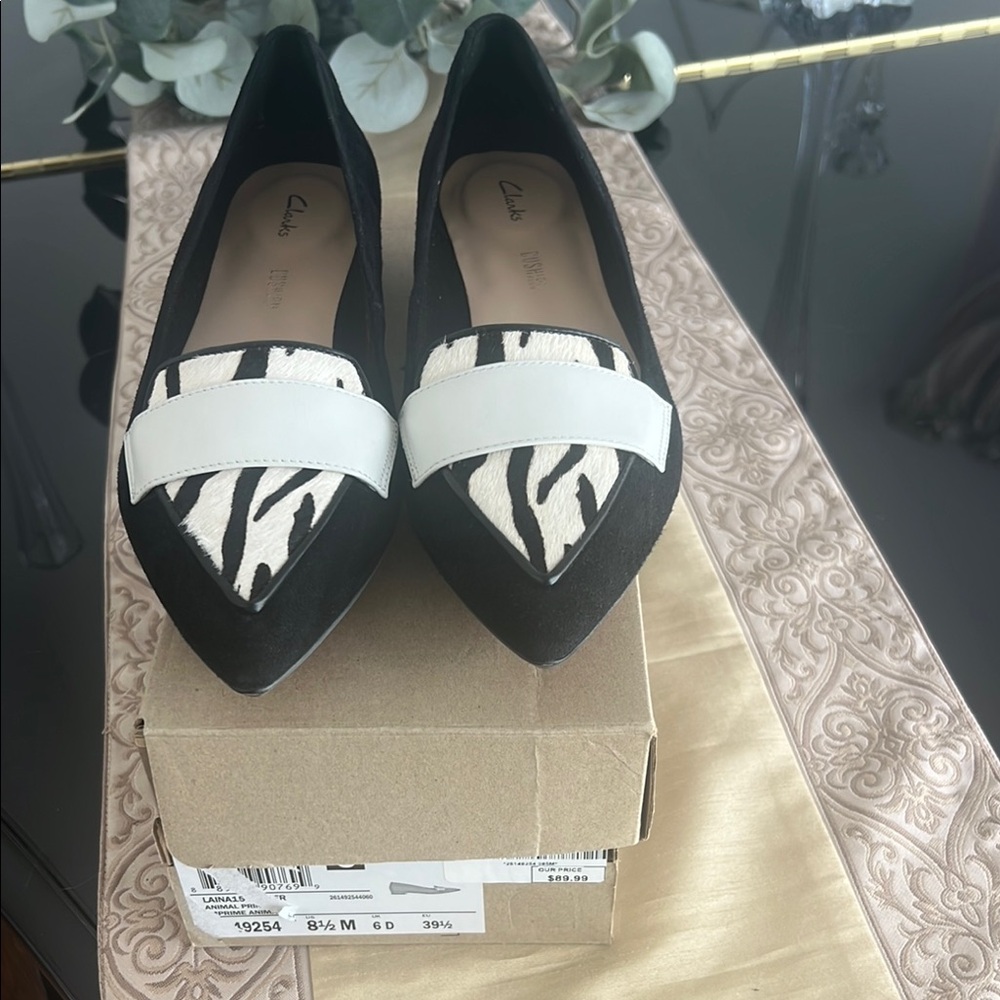 Clarks Black and White Zebra Pointed Flats